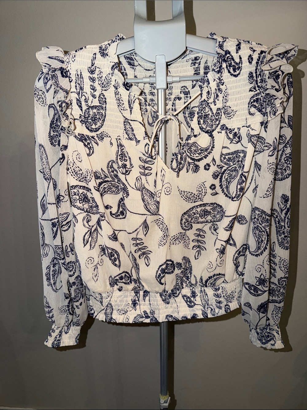 Express White Blouse with Navy Paisley Print and Tie Neck
